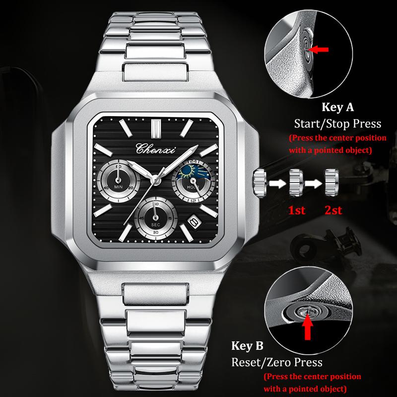 Fashion Men Watch Luminous Waterproof Chronograph Date Man Wristwatch Square Stainless Steel Quartz Men's Watches Reloj
