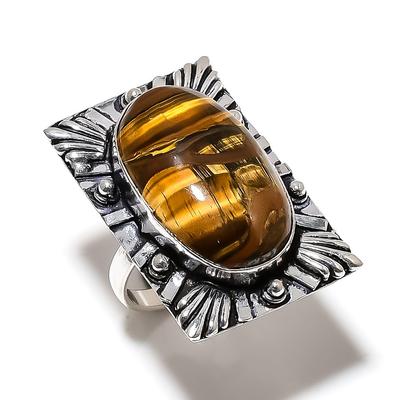 Natural Tiger Eye Gemstone Handmade 925 Sterling Silver Ring Size 10.5 K0h81