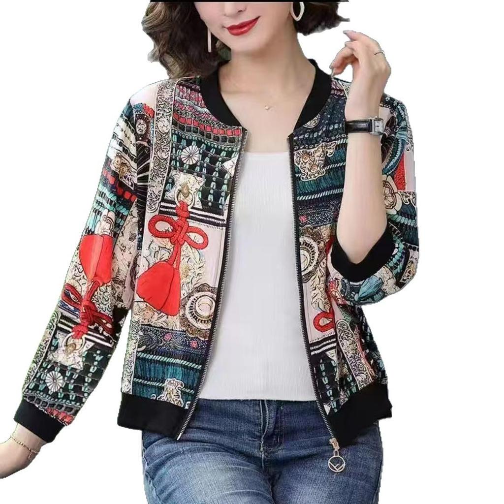 Elegant Spring/Summer Slimming Floral Baseball Jacket, Plus Size Casual Top