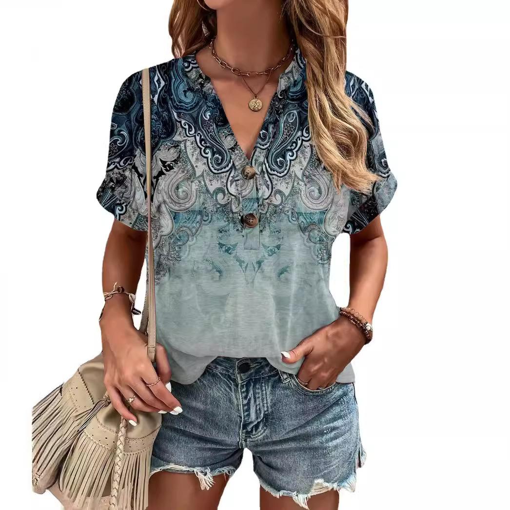 

Женская футболка с коротким рукавом и V-образным вырезом, принтом на пуговицах XXXL морской синий