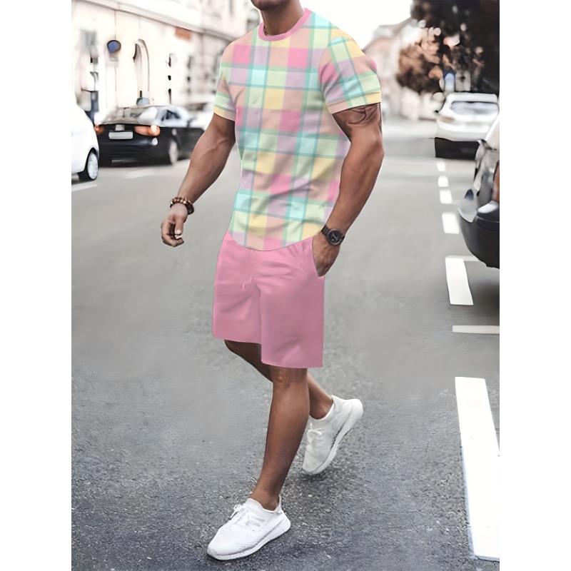 Retro plaid print summer 2-piece set, men s casual fashion set, round neck short-sleeved T-shirt and drawstring shorts two-piece set S