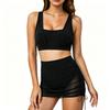 Womens Mesh Mini Skirt Two Piece Outfit Ruched Sheer Skirt And Crop Tank Top Set Summer Beachwear Y2K Style