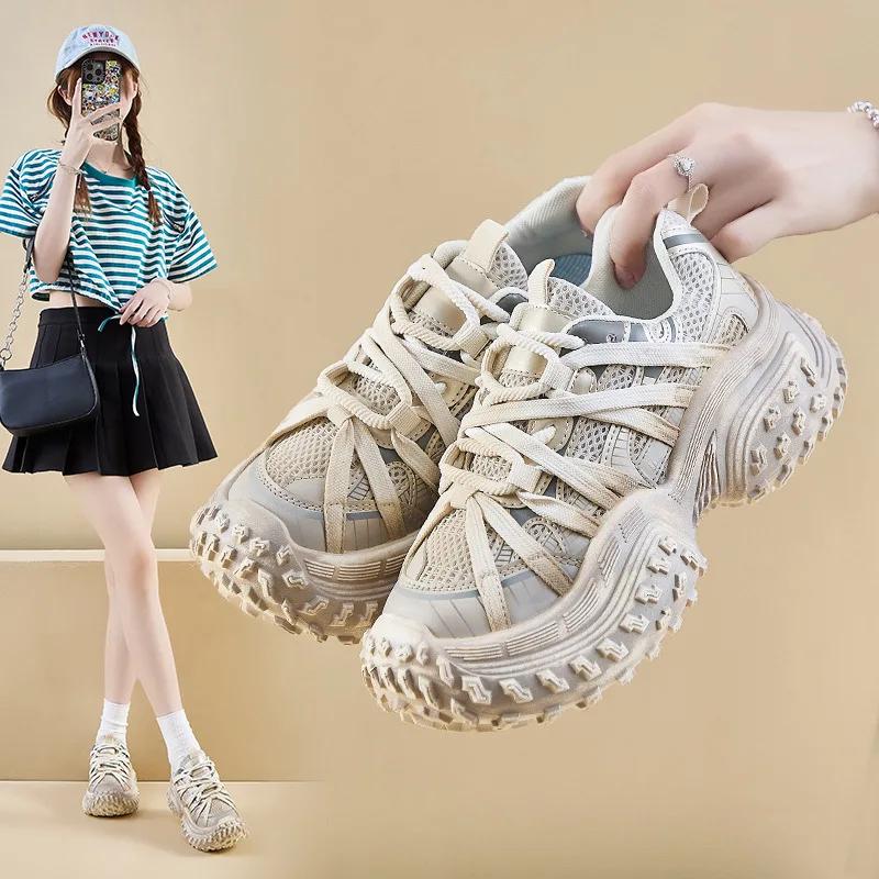 Fashion Spring Platform Sneakers Women's Anti Skid Round Toe Vulcanize Shoes Cross Tie Straps Ladies Breathable Trendy Casual Shoes2025