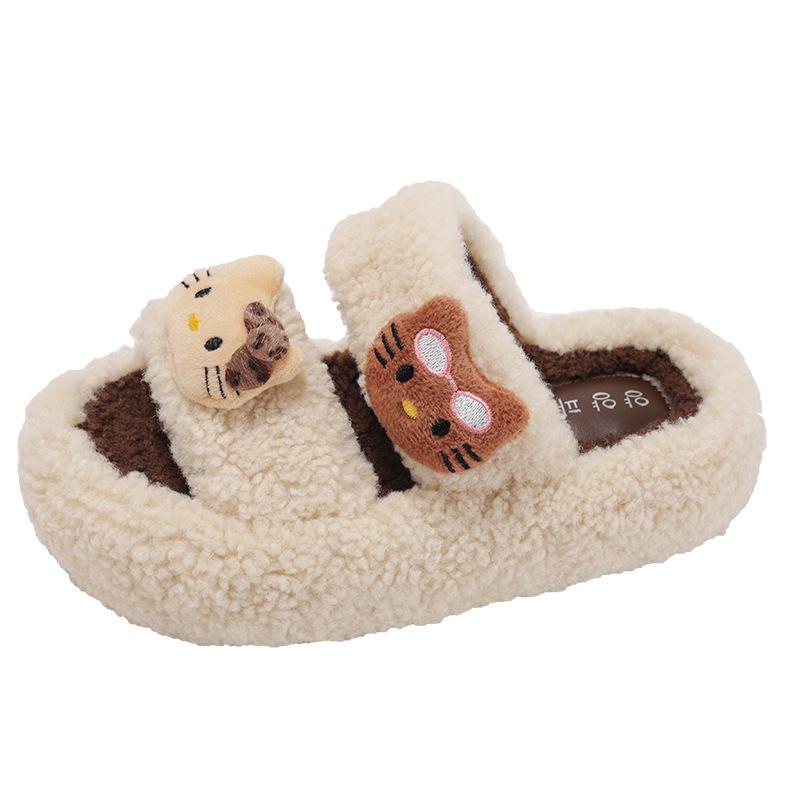 Cute cartoon black non-slip thick-soled fluffy slippers for women's outer wear 2025 new autumn and winter versatile soft bottom one-word drag