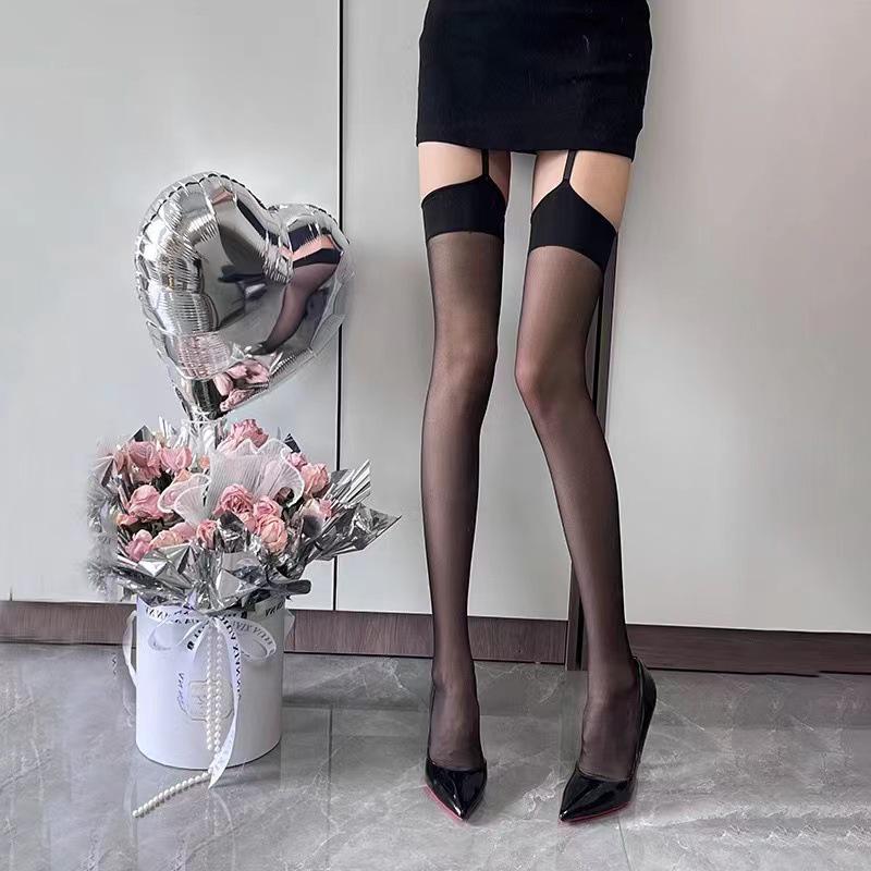 Damen Over-the-Knee Schwarze Strümpfe mit Trägern - Weiße Einteiler Strumpfhose