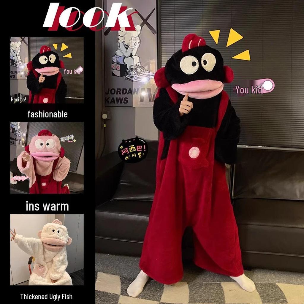 Big Mouth Cartoon Korallenfleece Pyjama - Verdickter Einteiler Winter-Schlafanzug für Damen