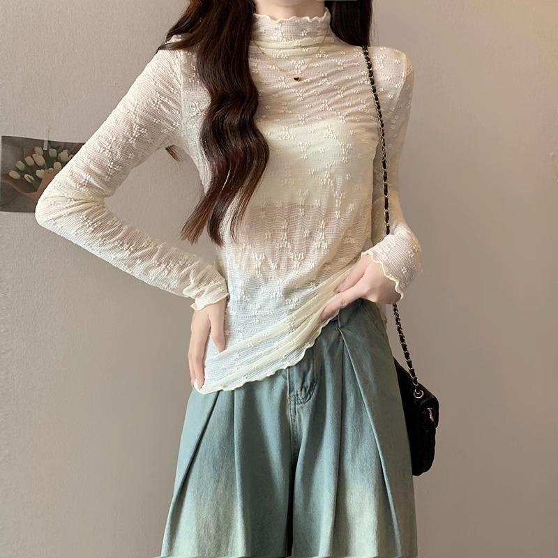 

Футболка с длинным рукавом и полуводолазкой для женщин, осенне-зимняя, с правым плечом, облегающая, плюс бархатный утолщенный кружевной верх XL