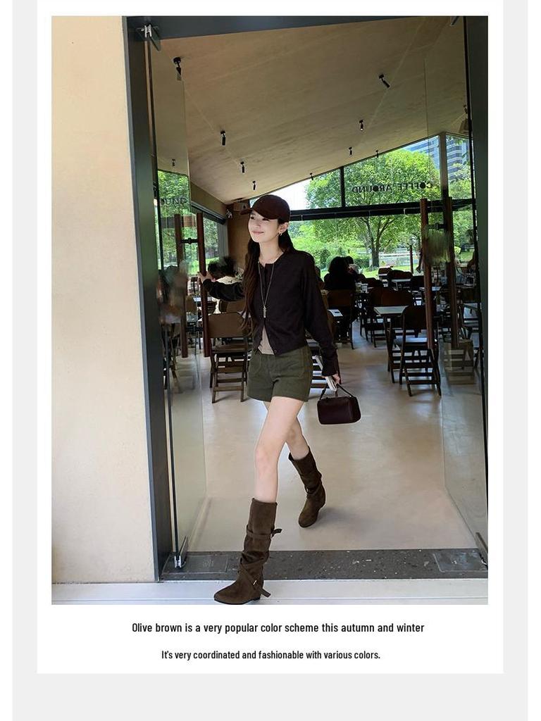 Women's 6CM Inner Height Retro Western Knee-High Cowboy Boots with Round Toe, Buckle Strap, and Soft Ruched Design.