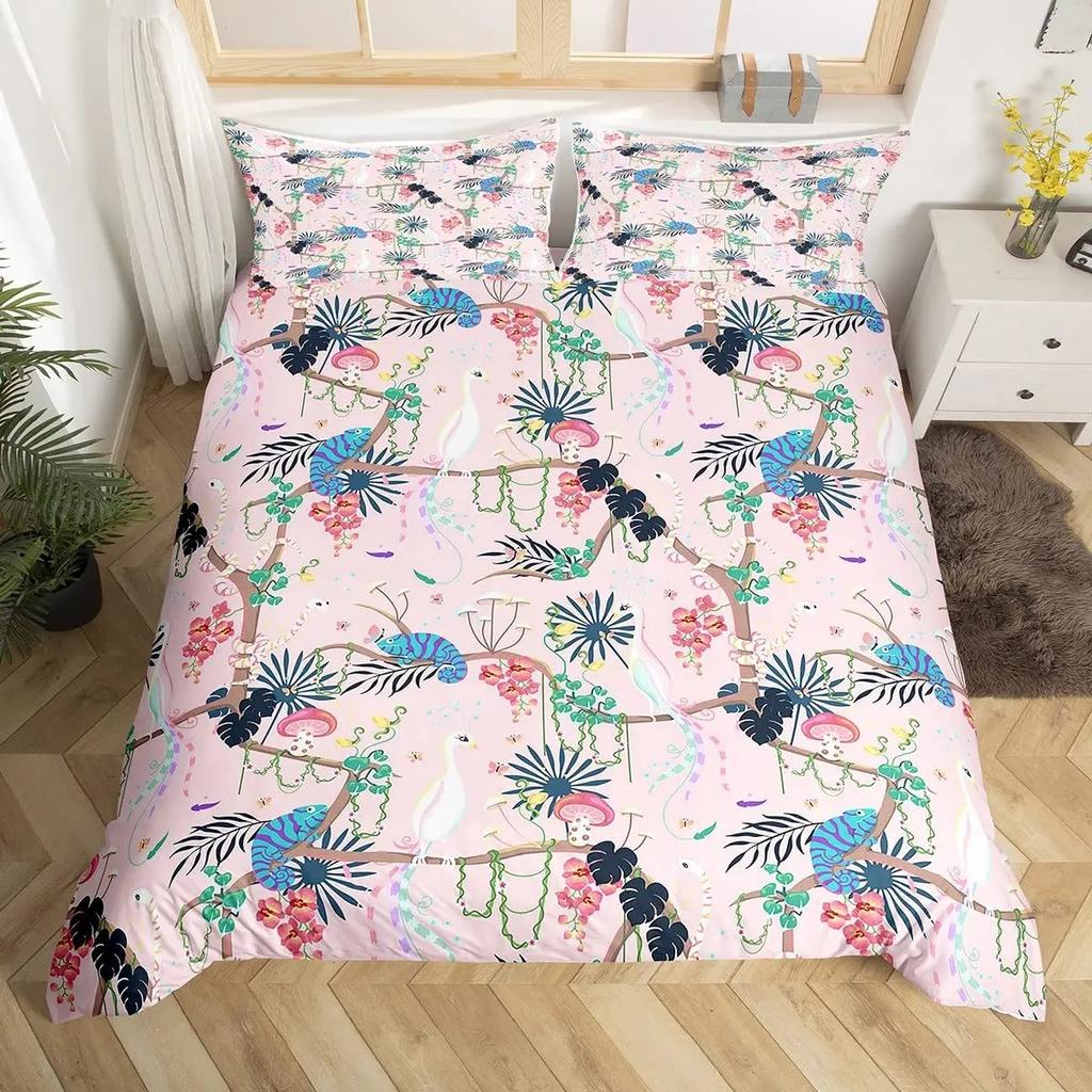 Kawaii Animals Duvet Cover Cute Rabbit Bedding Set Rustic Wooden Comforter Cover Microfiber Floral Bedclothes Queen For Girl Boy
