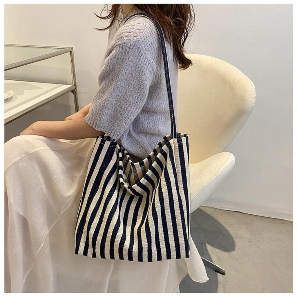 Handbag, Simple and Fresh Striped Bag, Shoulder Bag, Casual and Fashionable Large Capacity Shopping Bag