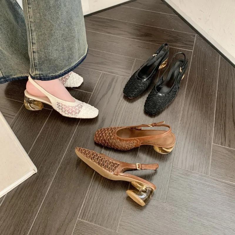 Fashion Women's sandals 2025 Summer Mary Jane Shoes Hollow Buckle Strap Roman Mesh Mid Thick Heel fashion Sandalias talons femmes luxe