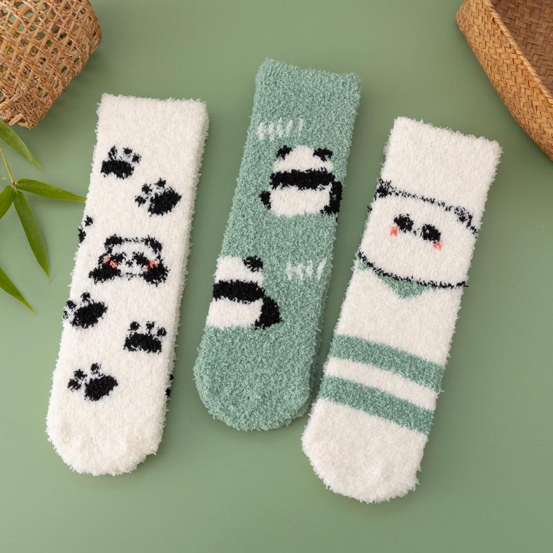 Autumn Winter Thickened and Warm Socks for Women in Cute Cartoon Panda Design Non Shedding Coral Velvet Socks for Home Use and Postpartum Care