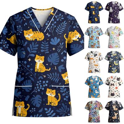 Women’s Stretch Quick Dry V Neck Short Sleeve Animal Print Scrub Top with Pockets for Healthcare Work Uniform