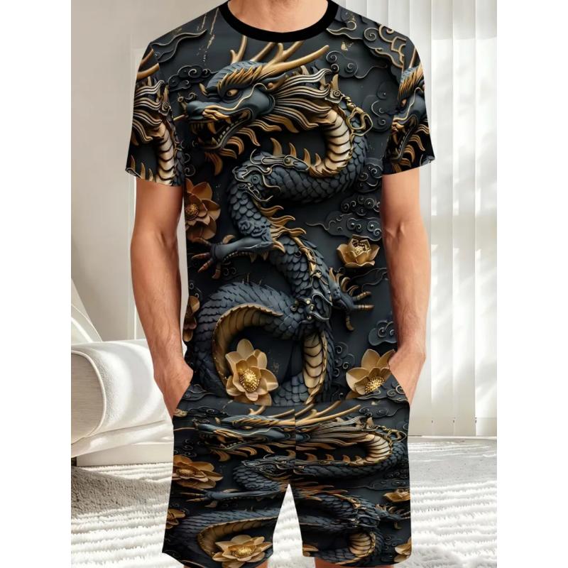 Fashion Men's Casual Suit 3D Casual Color Printing Summer T-shirt Shorts Simple