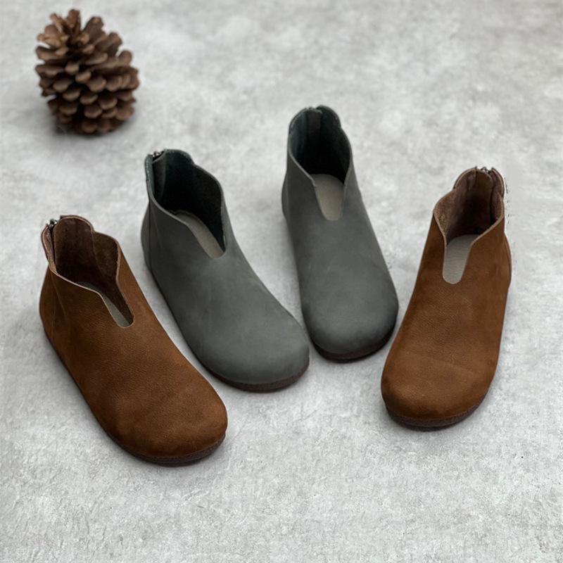 Johnature Retro ručně vyráběná pravá kůže ploché krátké boty s kulatou špičkou měkká podrážka pro volný čas Univerzální dámská obuv