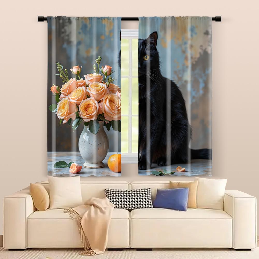 2 Pcs, Filtering Curtains (excluding Rods, Non-movable, Without Batteries) Black Cat with Floral Bouquet for Use In Bedrooms and