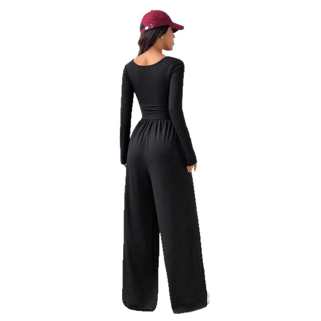 2026 Europäischer & Amerikanischer Stil Quadratischer Ausschnitt Jumpsuit - Langarm, Taillenbetonend, Weitbeinige Hose, Lässiger High Waist Jumpsuit für Damen