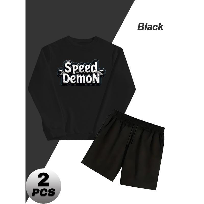 Men s Polyester 2 Piece Casual Tracksuit Crew Neck Long Sleeve Sweatshirt and Elastic Waist Shorts Daily Lounge Outfit S