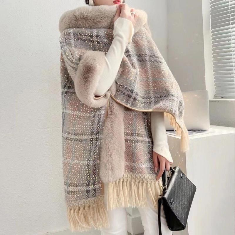 Cloak Shawl Jacket Winter Thickened Sequins Tassel Hooded Fur Collar Wool Jacket 1192 #