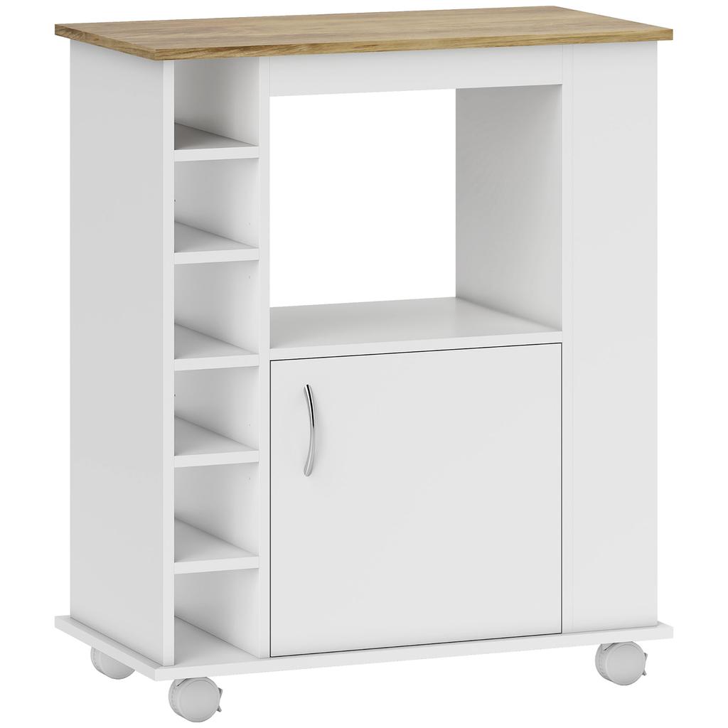 Kitchen Cart with Cabinet and Adjustable Shelves, Swivel Wheels and Brake, 75x39.5x88 cm, White