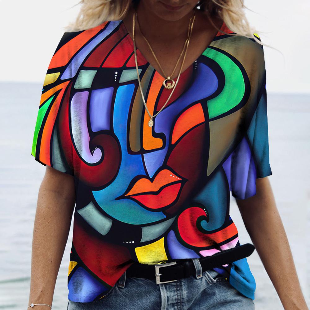 

Женская футболка Абстрактное искусство Принт лица Одежда для девочек 3D Оверсайз Классические топы с коротким рукавом Женская мода Повседневная уличная одежда 8XL