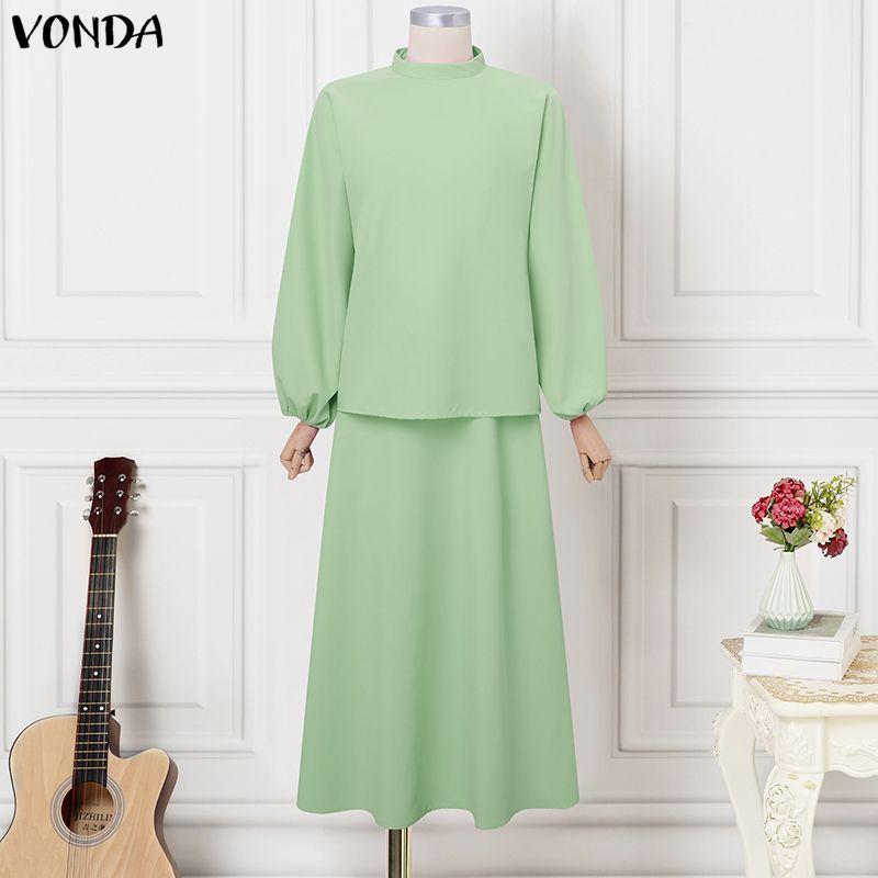 VONDA 2PCS Women Long Sleeve Blouse and Skirts Casual Elegant Two Piece Sets