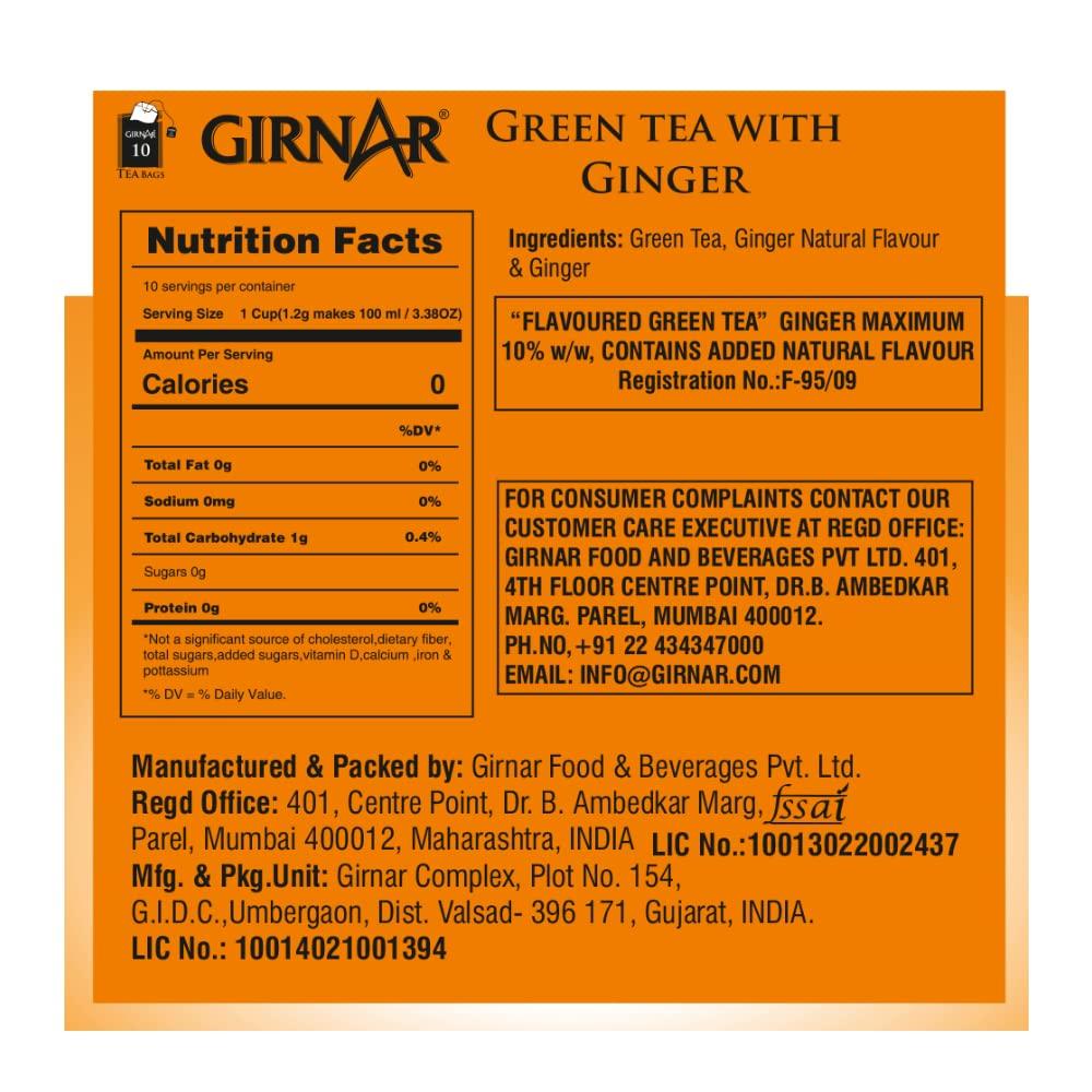 Girnar Green Tea Ginger Tea Bags Pack of 1 10 Tea Bags | Caffeine-Free Antioxidant Soothing Herbal Drink