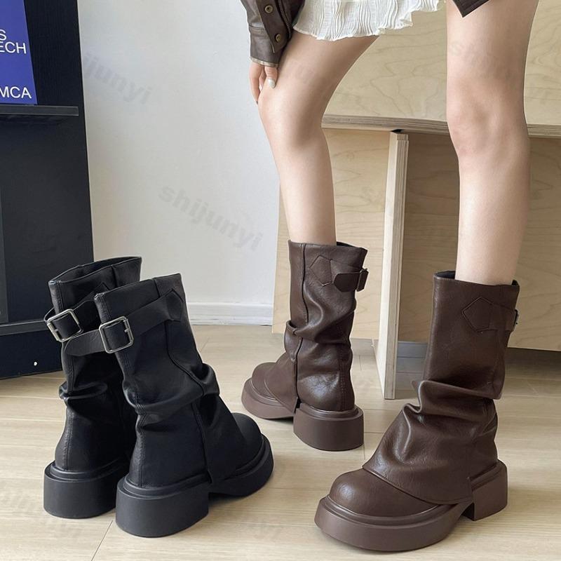 Women Boots 2026 Autumn Round Toe Chunky Platform Mid Calf Boots Fashion Retro British Style Wedges High Top Boots Botas Mujer