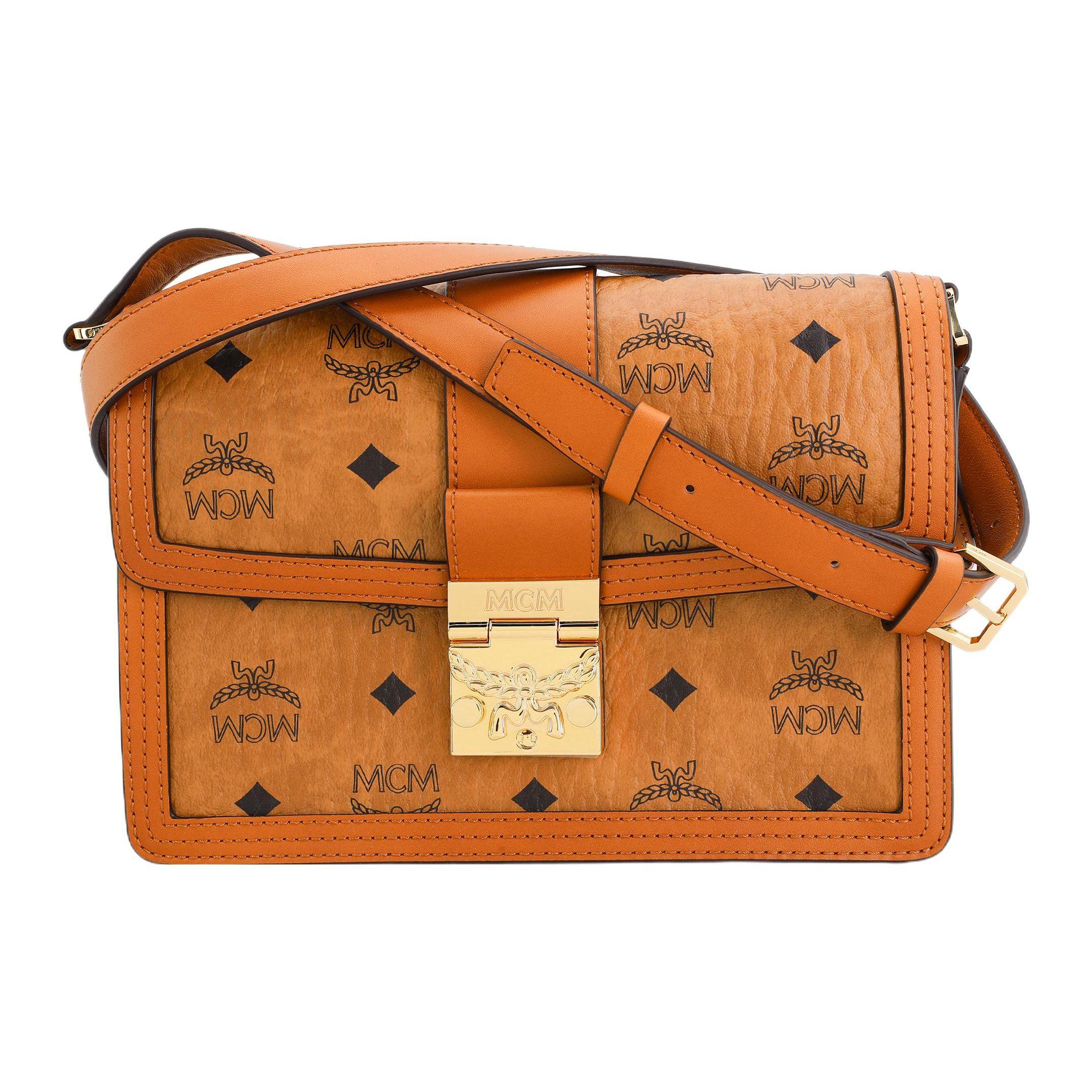 Mcm Women's Tracy Classic Iconic Laurel Leaf Lock Closure Monogram Coated Canvas Leather Trim Crossbody Bag Small Crossbody Bag Cognac Mwscaxt01co001