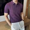 Sommer Herren V-Ausschnitt Poloshirt Hohlgestreiftes Jacquard Einfarbig Lässig Kurzarm Strick T-Shirt Herrenbekleidung