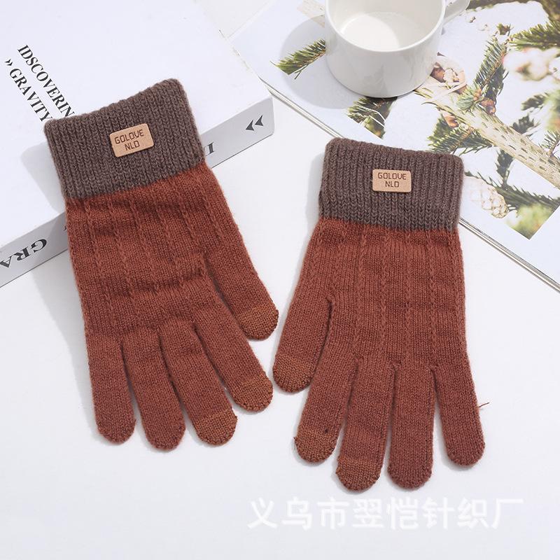 Fleece thickened warm and cold-proof five-finger gloves, riding fleece students winter windproof jacquard knitted gloves