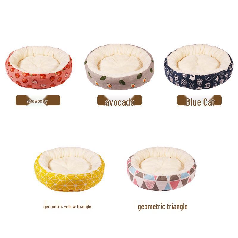 Cozy Cotton Linen Cat Bed - Warm, Easy-to-Clean, Printed Round Nest for Kittens