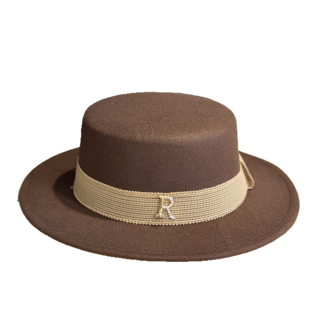 R Autumn and Winter Woolen French-style Elegant White Flat-top Hat for Women, British Retro Hepburn Jazz Hat, Trendy