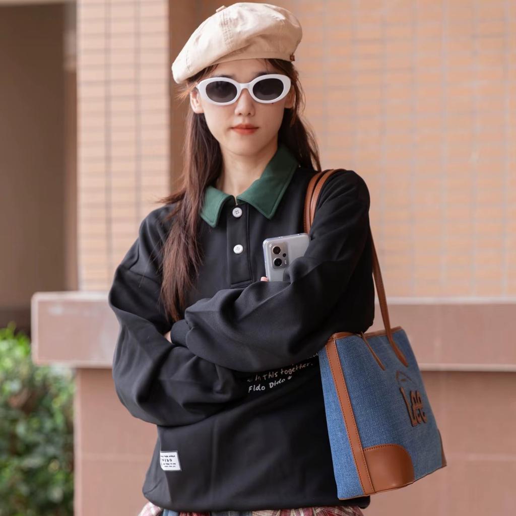 New Lee Denim With PU Panel Tote Bag, Shoulder Bag Regular Women's Denim Blue LE240101M-506