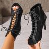 Damen Sandalen Sommer Ausgehöhltes Netz Sexy Schuhe für Damen Mode Lässig Offene Zehen Stiefel Stiletto Jazz Tanz Party Sandalen Damen