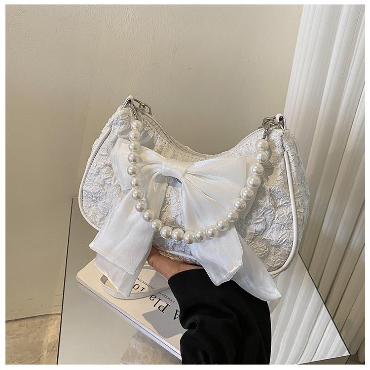 2024 New Fashion Small Shoulder Bag Women Stylish Crossbody Bag With Cute Pleats And Lovely Bow Pearl Handbag In White