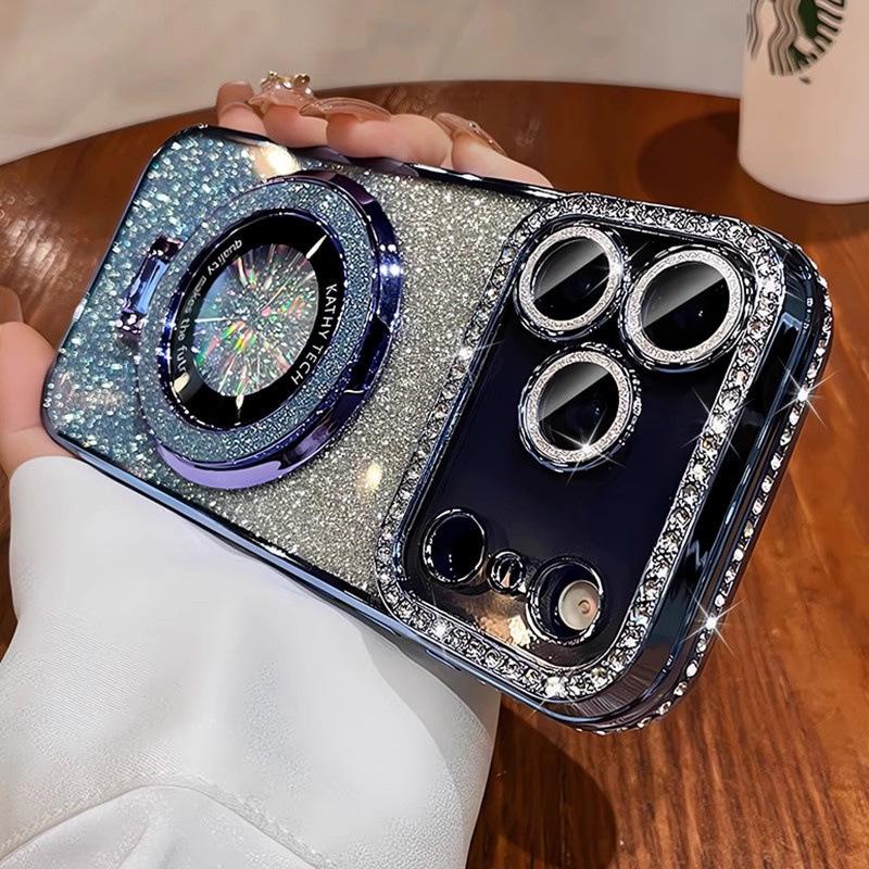 Rhinestone Glitter Magnetic Stand Case with Lens Film for iPhone 17 Pro Max, Drop-proof, Apple 16.