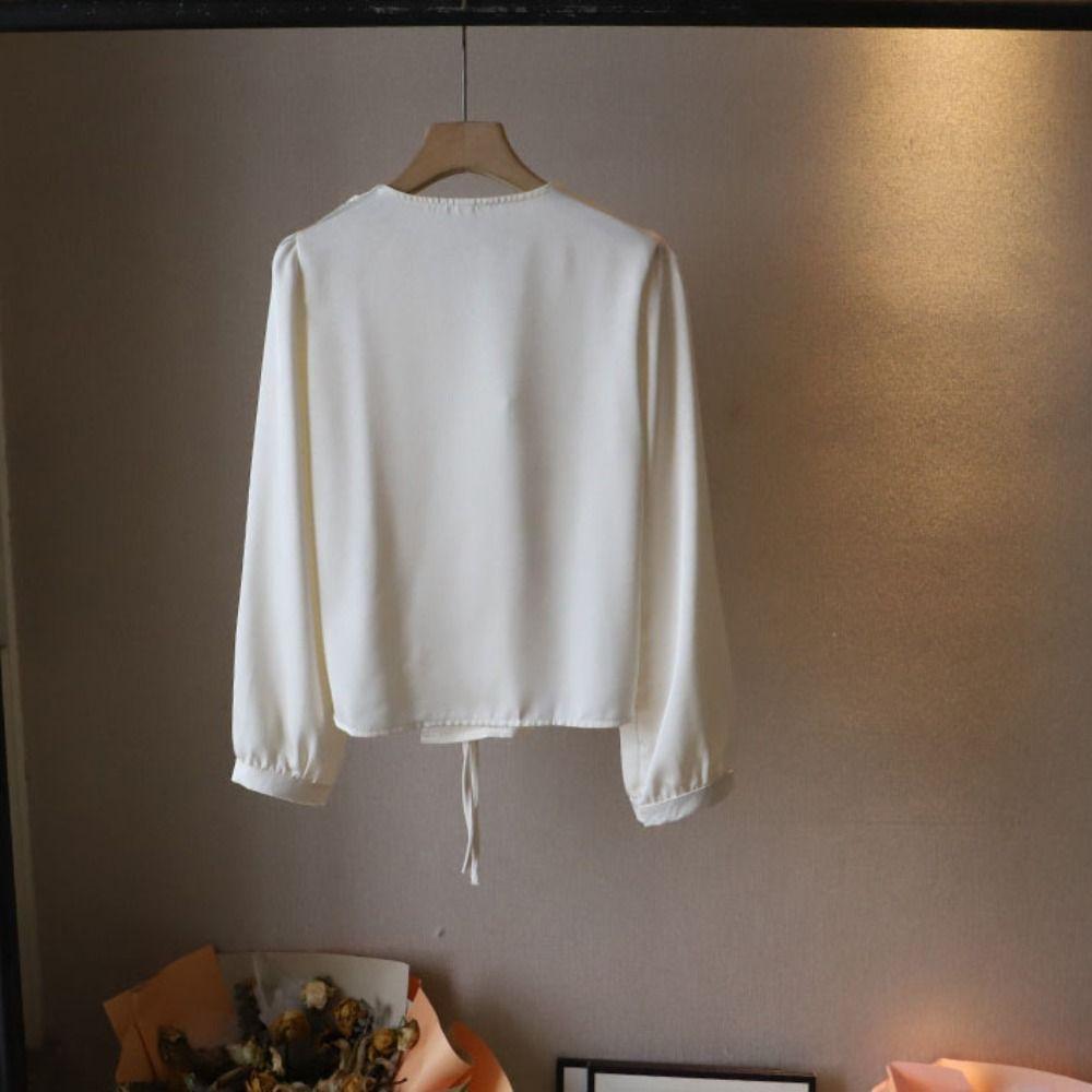V-neck Puff Sleeve Shirt Waist-cinching Office Ladies Tops Fashion Button Up Blouse  Office