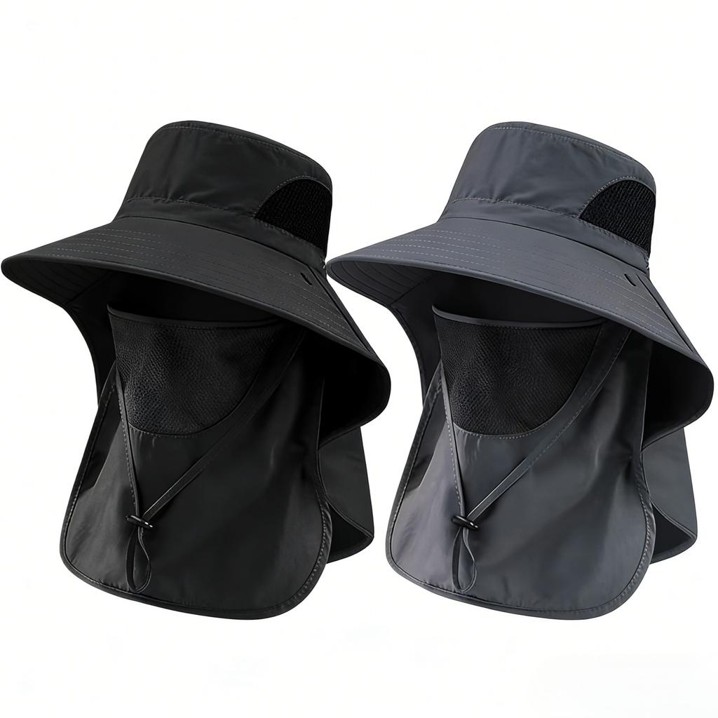 2-Piece Men'S Outdoor Sun Hat Set, Quick-Dry Woven Bucket Hat With Adjustable Visor, Breathable Mesh And Removable Face Shield