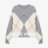 Damen Pullover Sweater 100% Wolle Retro Rautenmuster