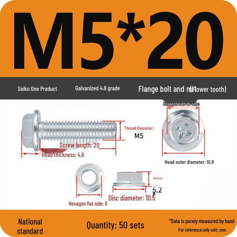 Galvanized Hex Bolt & Nut Set with Washer, Anti-slip, 4.8 Grade, Cross Flange Head, M4-M8 Sizes.