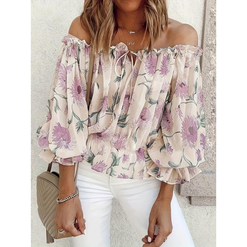 Sommer Bootausschnitt Bedrucktes Chiffon-Hemd Halbtransparent Dünnes Laternenärmel Top für Damen