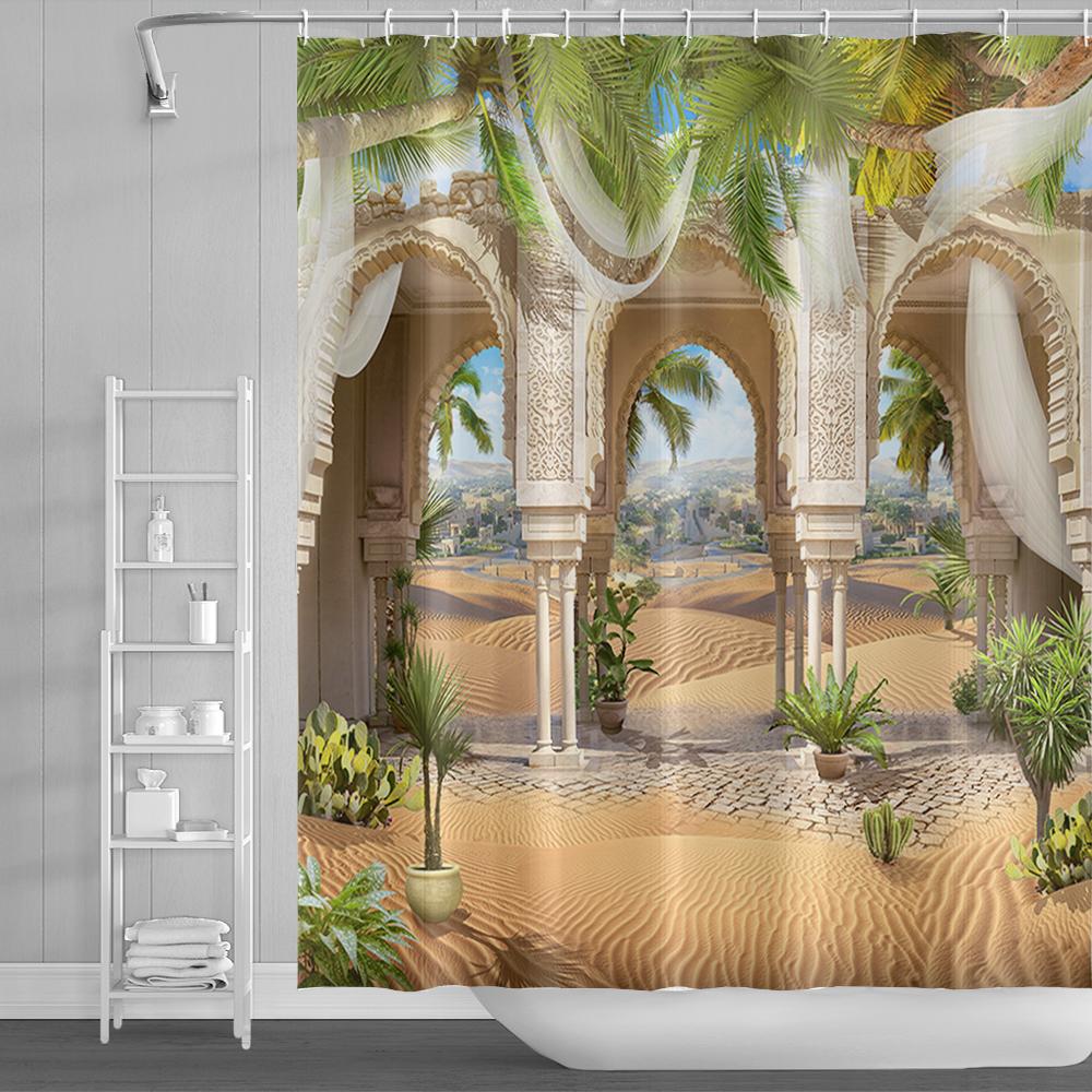 Natural Scenery Shower Curtains Seaside Mountain Landscape Bathroom Waterproof Polyester Bath Curtain Home Decoration With Hooks