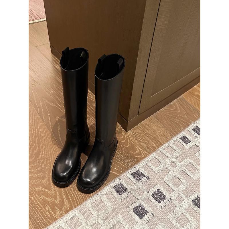 Cowhide Version~ Round Head High Boots Show Thinness and Height, Show Legs Straight Thick-soled Knight Boots Women's Autumn and Winter