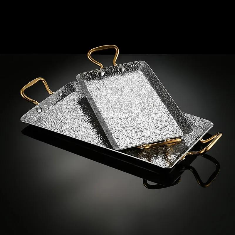 Double ear Creative 304 stainless steel tray shallow BBQ Dim sum steak plate rectangular buffet display dishes and plates sets