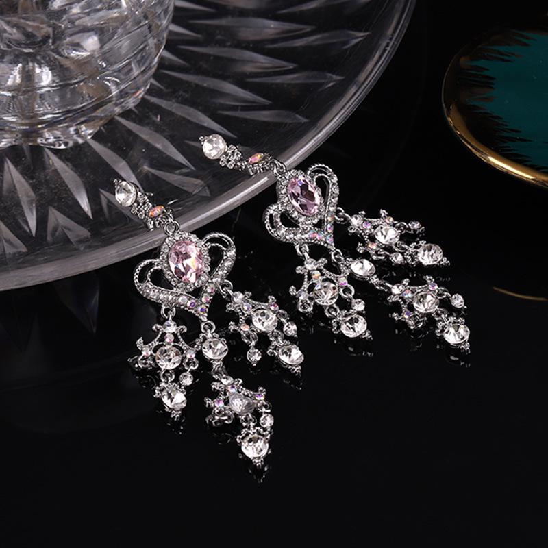 Retro Korean Baroque Pink Crystal Heart Tassel Earrings - Long, Elegant, Sweet Silver Needle Dangles