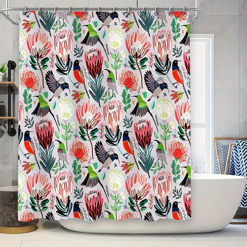 

Botanical Bird Shower Curtain Tropical Nature Pattern Bathroom Decor Farmhouse Style Home Accent Tropical Leaves Floral Design M W60H190(CM)-1 Pcs