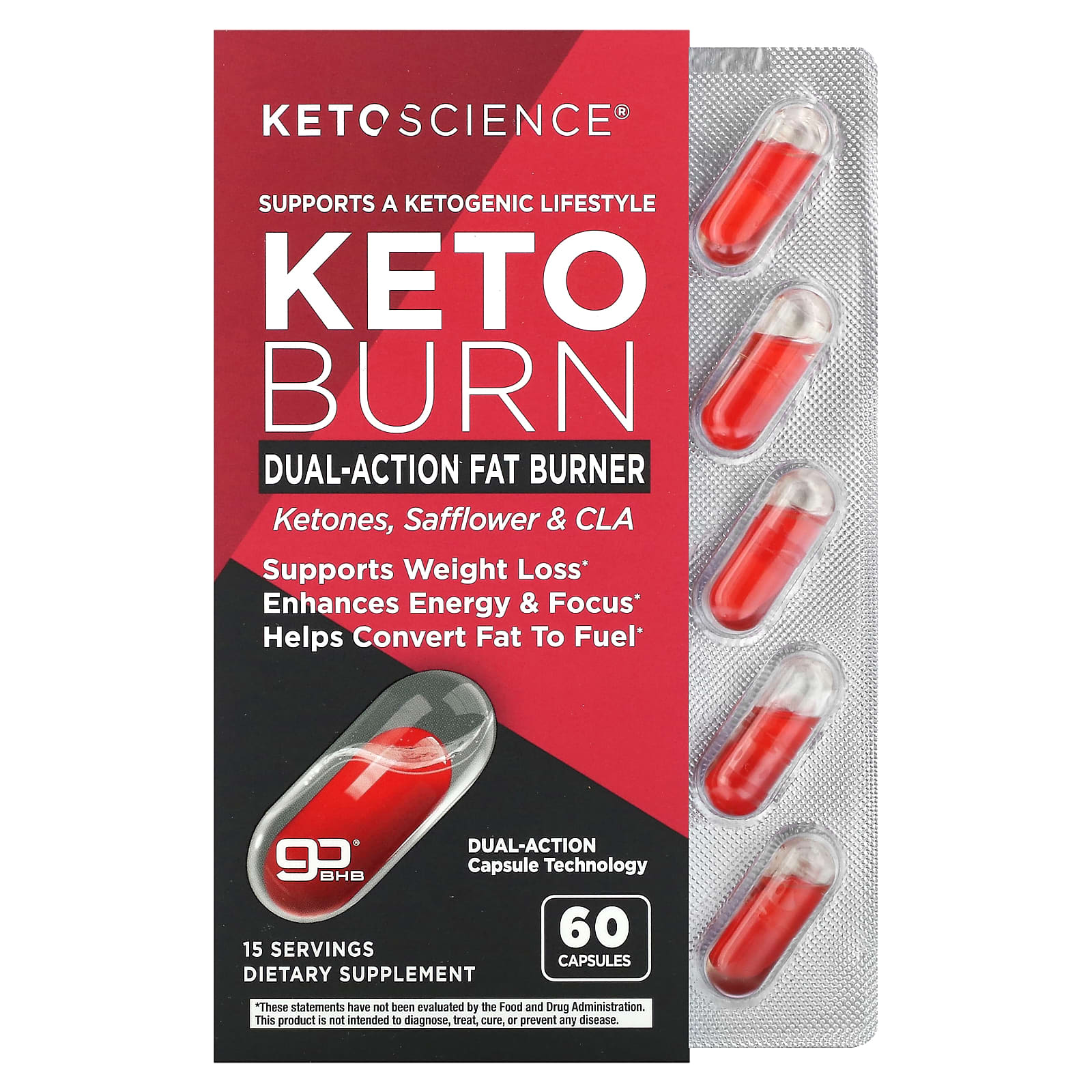 

Keto Science, Keto Burn, спалювач жиру подвійної дії, 60 капсул