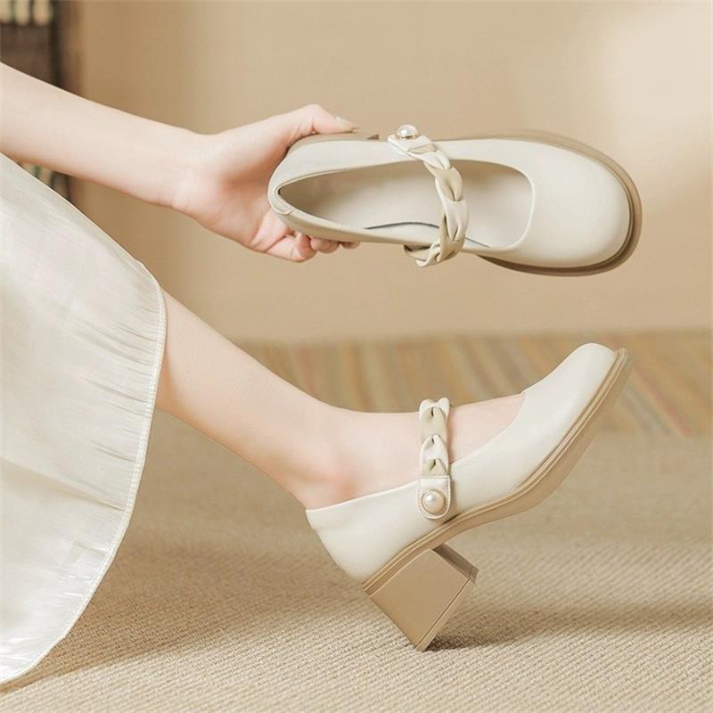 

Soft leather Mary Jane shoes 2025 summer new thick heel high heels with skirt small leather shoes fairy style single shoes 40