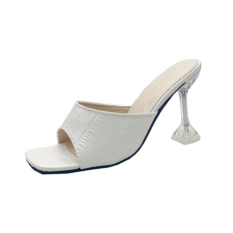 2025 new fashion women's shoes open-toed square head crystal heel thin heel large size cool slippers women